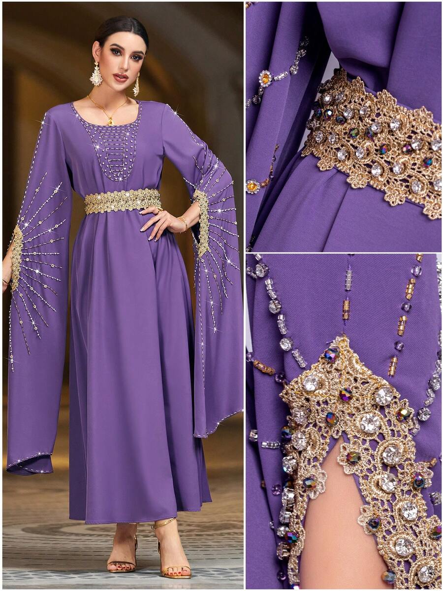 Layrah Túnica larga turca de cuello redondo, bordada a mano con cuentas y adornos de strass, color púrpura - Morado - Ver 1