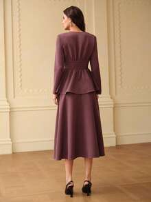 ZEYLAH Bộ 2 món thanh lịch gồm áo sơ mi dài tay và chân váy midi thiết kế khóa thắt lưng màu trơn dành cho nữ, mùa thu/đông - Màu tím - Xem 4