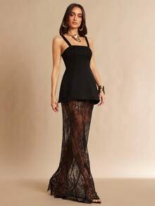 Silquee 两件套黑色露脐紧身吊带背心和蕾丝边迷你裙，适合约会、毕业典礼、音乐会、伴娘礼服、婚礼、浪漫场合，简约风格，优雅日常穿着，露肩黑色连衣裙，吊带背心和薄纱半裙套装 - 黑色 - 查看 5