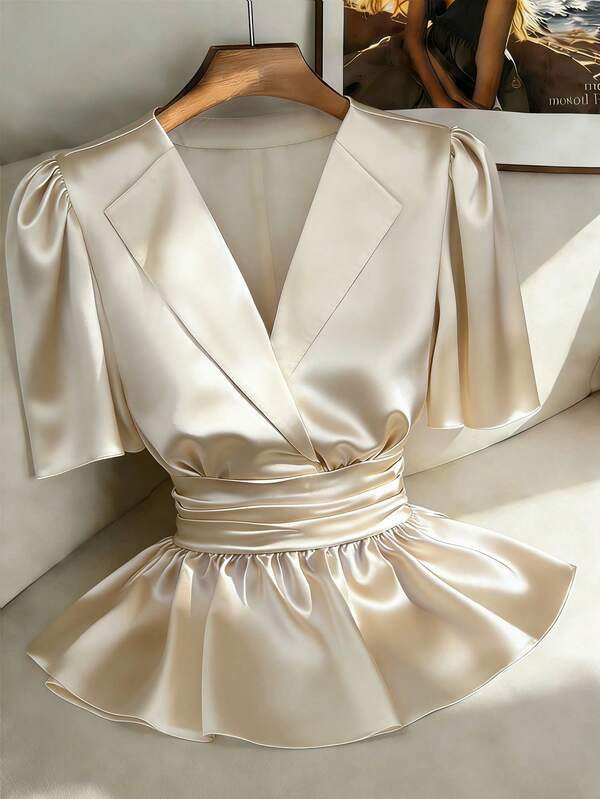 Elenzga New Women's Collared Shirred Front & Back Waist Satin Ruffle Sleeve Casual Blouse, Versatile For Vacation, Daily Wear, And Work