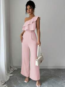 Elenzga Women's Casual Jumpsuit With Ruffled Shoulder, Loose Fit For Beach, Office, Party, Suitable For Spring/Summer - Pink - View 4