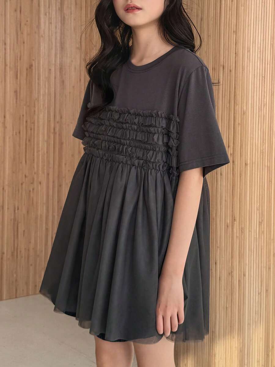 DAZY 少女纯色圆领短袖荷叶边宽松可爱T恤衫 - 灰色 - 查看 1