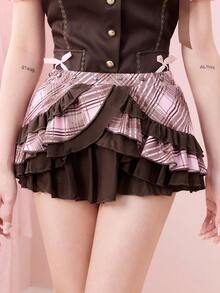 ROMWE Kawaii Cute Sweet Pink Plaid Patchwork Lace Trim Cake Skirt For Women - Multicolor - View 2