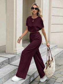 Serisse 蝙蝠袖露脐上衣和抽绳腰裤，纹理面料两件套 - 中紫紅色 - 查看 6