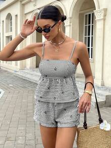 Serisse 两件套女士蝴蝶条纹荷叶边吊带背心和短裤套装 - 黑與白 - 查看 3