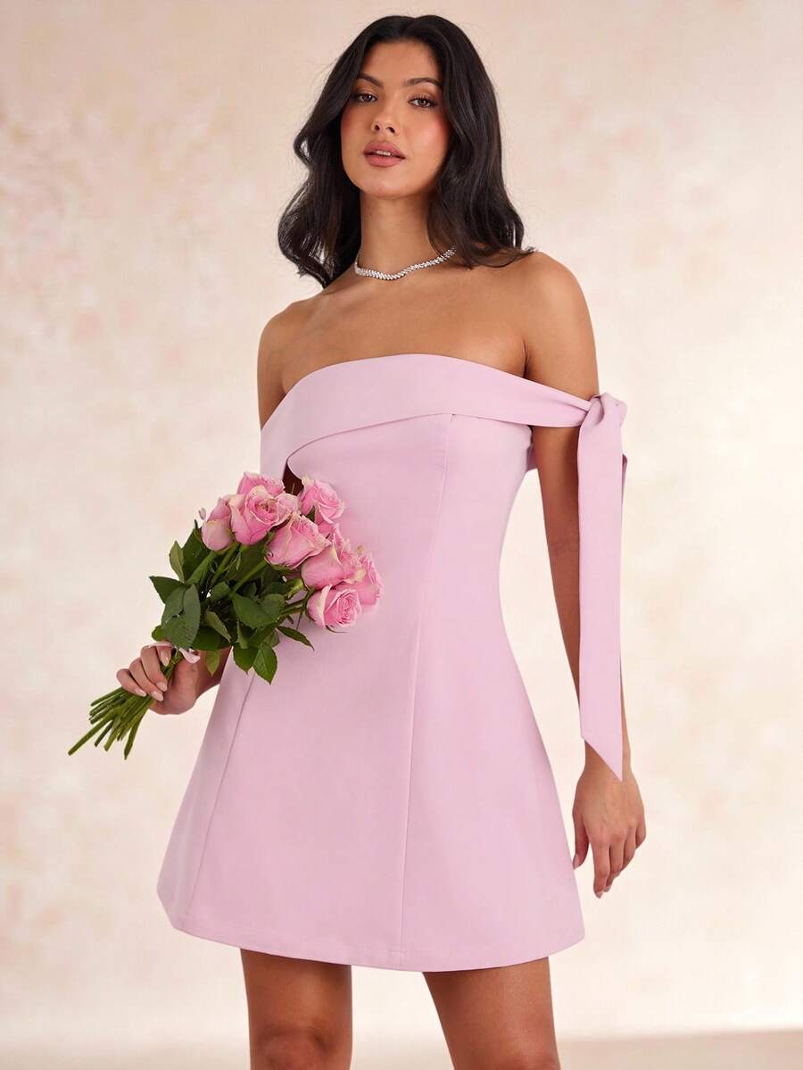 Enchnt Spring/Summer Romantic Women's Pink Bowknot Off-Shoulder Waist-Cinched Dress,Sweet&Elegant For Vacation&Date&Holiday&Going Out&Valentine's Day,Spring Outfit Women - Pink - View 1