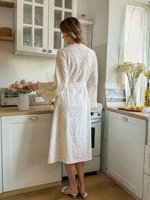 SHEIN Women's Casual Knitted Jacquard Ruffle Hem Long Robe, Lightweight Spring/Autumn Loungewear - Apricot - View 2