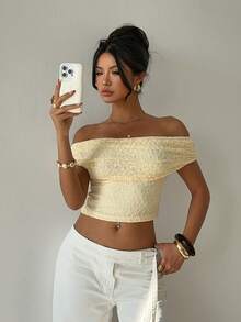 Aloruh 浅黄色露肩短袖蕾丝衬衫，优雅职场必备上衣 - 淡黃色 - 查看 7