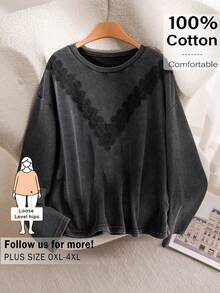 CosyJoli Áo thun nữ cỡ lớn, áo thun ren, áo nữ phong cách đường phố thường ngày, trang phục nữ thường ngày, áo thun đen họa tiết bông tuyết, áo thun dệt kim tổ ong - màu đen - Xem 3