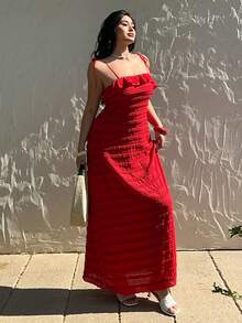 Sunnyshic 这款大码女式红色复古浪漫法式甜美多层荷叶边吊带连衣裙，风格独特，充满复古浪漫学院风，适合办公室、日常穿着、派对、舞会、音乐节、返校季、热带风情、优雅度假、俏皮活泼、飘逸飘逸、下午茶、早午餐等各种场合，散发着仙气魅力，尽显女性优雅气质，尤其适合春夏穿着。 - 紅色 - 查看 4