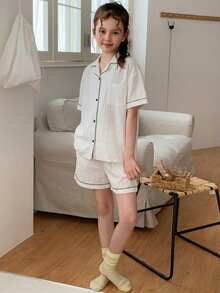 DAZY 少女撞色滚边翻领纽扣衬衫短裤睡衣套装，夏季 - 白色 - 查看 2