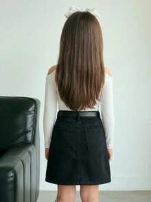 Firerie Kids Firerie Kids 女童纯色立领露肩休闲T恤，圣诞节款，修身复古长袖高领T恤，运动风，适合秋冬季休闲日常穿着及上学，酷炫街头风，日常穿着，上学穿着，Y2K女孩风格，休闲可爱，姐妹装，母女装 - 彩色 - 查看 5