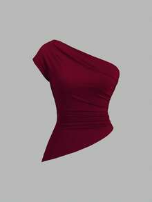 Sweetra Women's Elegant Asymmetrical Shoulder Ruched Asymmetric Lightweight Comfortable Top Set, Early Autumn - Multicolor - View 3