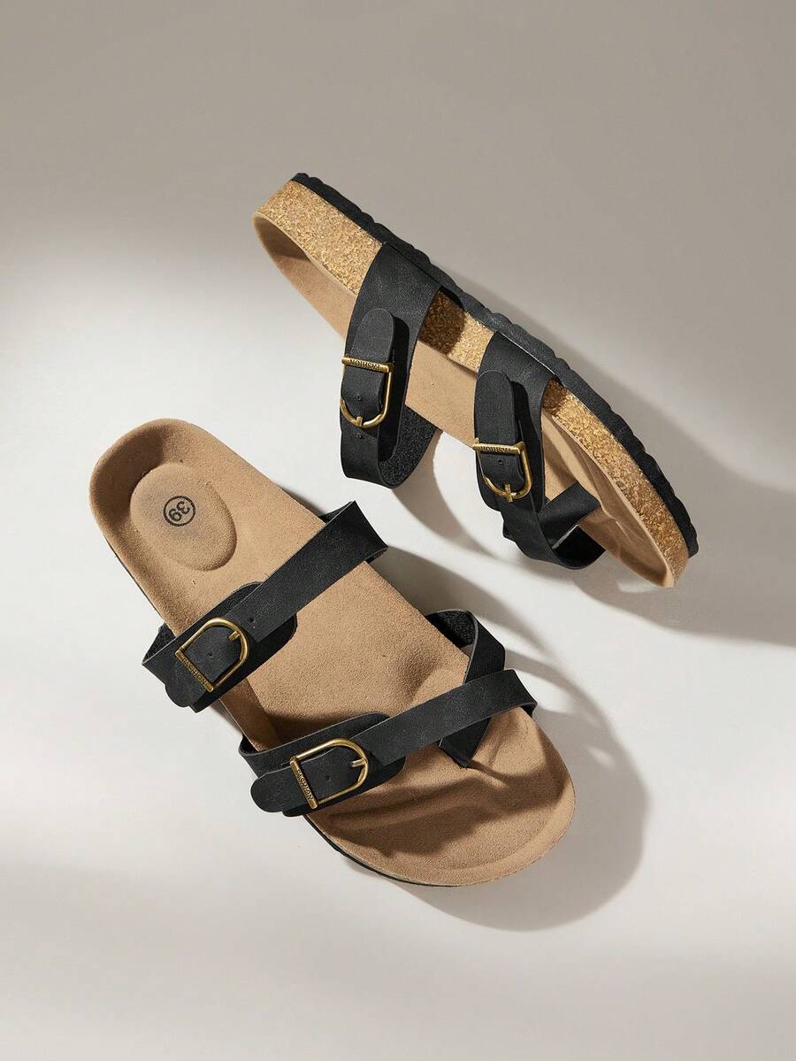 Solecia Casual Cork Sole Adjustable Buckle Sandals For Ladies - Black - View 1