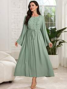 Lacomfia Women's Loose Elegant Ruffled Tie-Waist Green Linen Short Sleeve Dress - Green - View 7