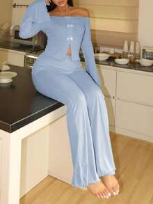 EasyFave Women's Tight-Fitting Bowknot Off Shoulder Bell Sleeve Top & Pants Pajama Set, Fall Winter Clothes - Blue - View 6