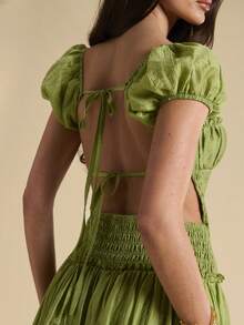 SHEIN BAE 纯绿色纹理露背系带修身连衣裙，纹理褶皱连衣裙，优雅连衣裙，早午餐连衣裙，婚礼宾客礼服，海滩度假连衣裙 - 綠色 - 查看 7