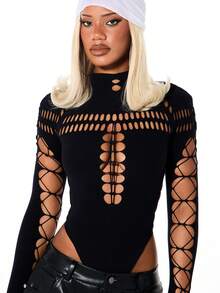 SUMWON WOMEN Long Sleeve High Neck Cutout Bodysuit With Lace Up Arms And Chest Details - Black - View 4