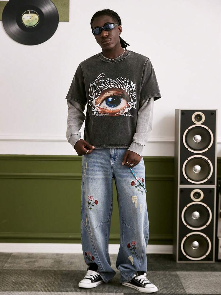 GALLERY FADE Men's Casual Street Style Embroidered Flared Leg Blue Jeans - Medium Wash - View 8