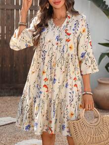 SHEIN Holidaya Đầm nữ họa tiết hoa nhí cổ chữ V, tay ngắn, dáng rộng, viền bèo nhún, phong cách bohemian, thích hợp cho các lễ hội, kỳ nghỉ, du lịch, mùa hè và mùa xuân. - Nhiều màu - Xem 3