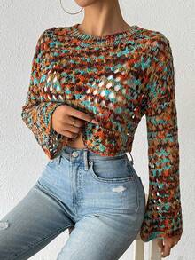 Chiquease All-Over Print Hollow Sheer Crew Neck Long Sleeve Cropped Sweater Top - Multicolor - View 5