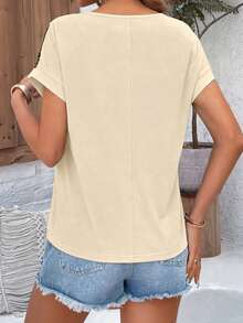 SHEIN LUNE 撞色圆领短袖休闲宽松夏季拼接T恤 - 杏色 - 查看 2