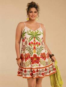 Travachic Plus Size Retro Print Slip Dress, Vacation Style Plus Size Resort Wear Plus Size Sundress Plus Size Sun Dress Boho Dress Plus Size - Apricot - View 1