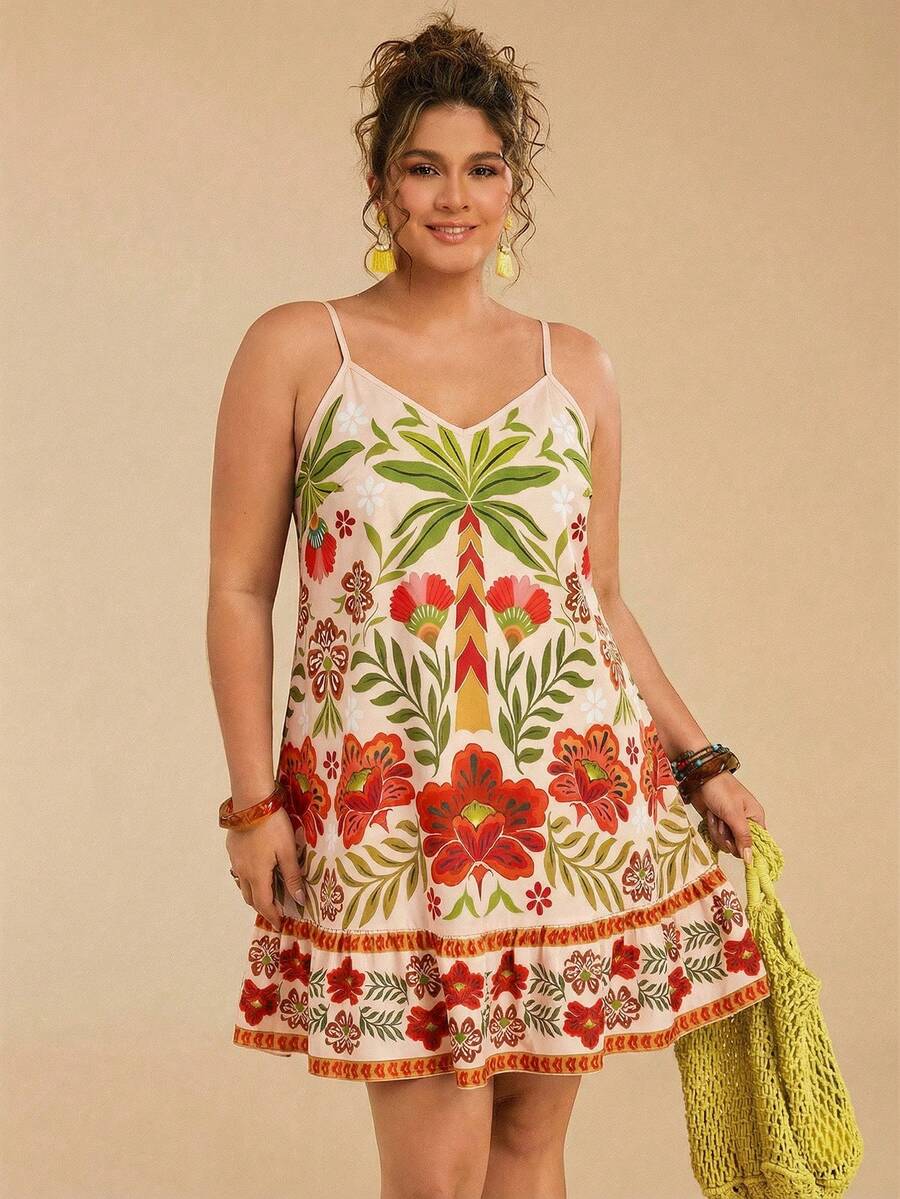 Travachic Plus Size Retro Print Slip Dress, Vacation Style Plus Size Resort Wear Plus Size Sundress Plus Size Sun Dress Boho Dress Plus Size - Apricot - View 1