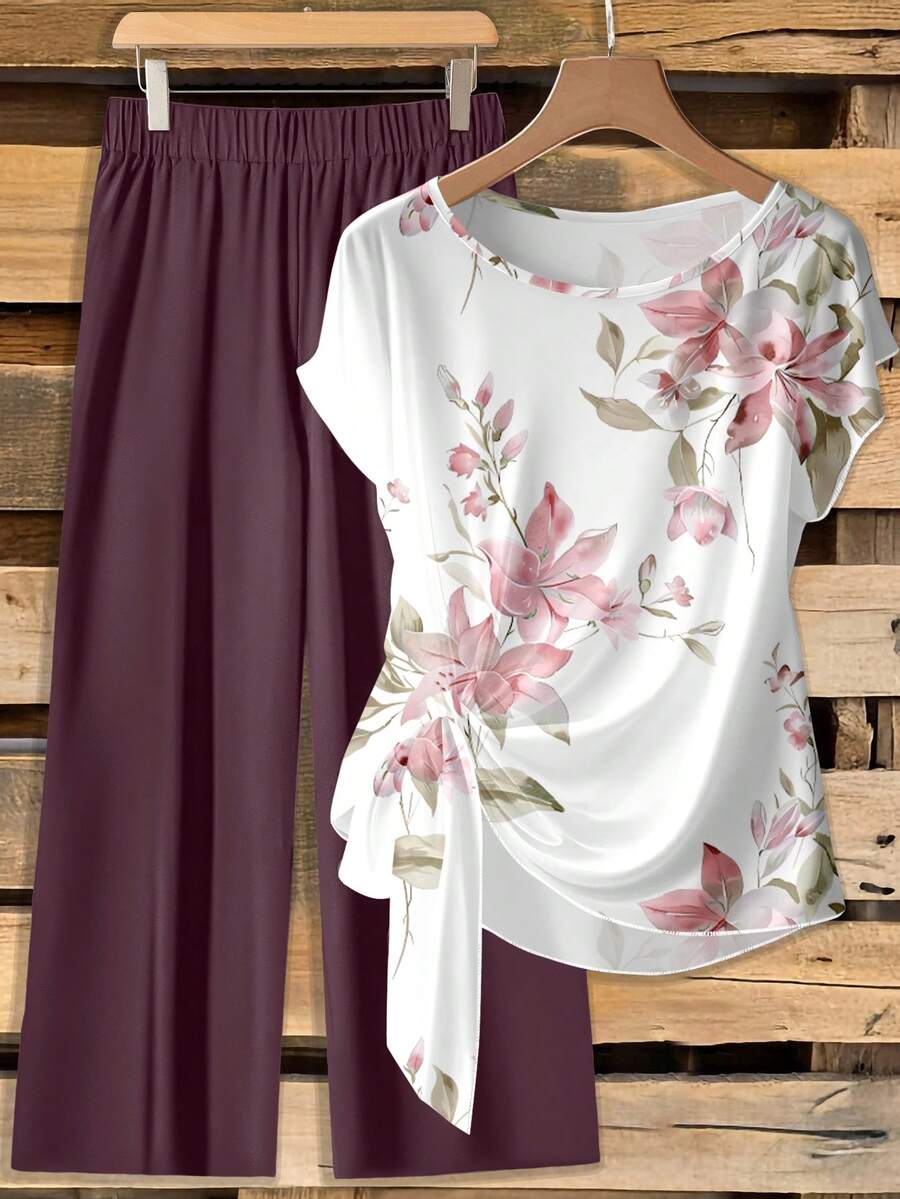 EMERY ROSE Women's Tie Bow Blouse And Loose Straight Leg Pants 2 Pieces Set - Multicolor - View 1