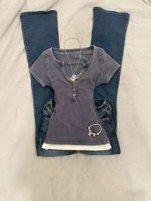 Glimmora Áo thun nữ tay ngắn ôm dáng, phối nhiều mảnh vải - Màu tím - Xem 1