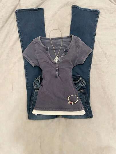 Glimmora Aansluitend patchwork T-shirt met korte mouwen voor dames