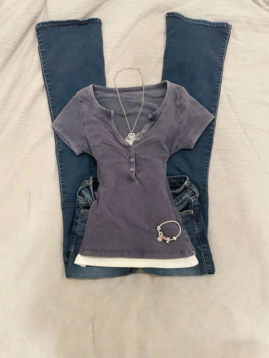 Glimmora Áo thun nữ tay ngắn ôm dáng, phối nhiều mảnh vải - Màu tím - Xem 1