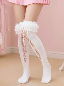 ROMWE Kawaii 1 Đôi Tất Cao Cổ Đến Đầu Gối Phong Cách Ballet Đa Lớp Ren Rỗng Dây Đeo Subculture Spice Girl - Màu trắng 9 - Xem 3