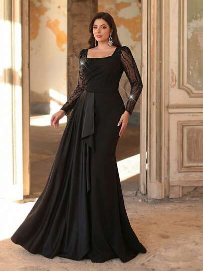 Aureia Plus Size Elegant Romantic Black Square Neck Long Sleeve Sheer Mermaid Hem Ruffle Hem Dress, Suitable For Wedding, Party, Celebration, Formal Evening Gown (Embellished Design)