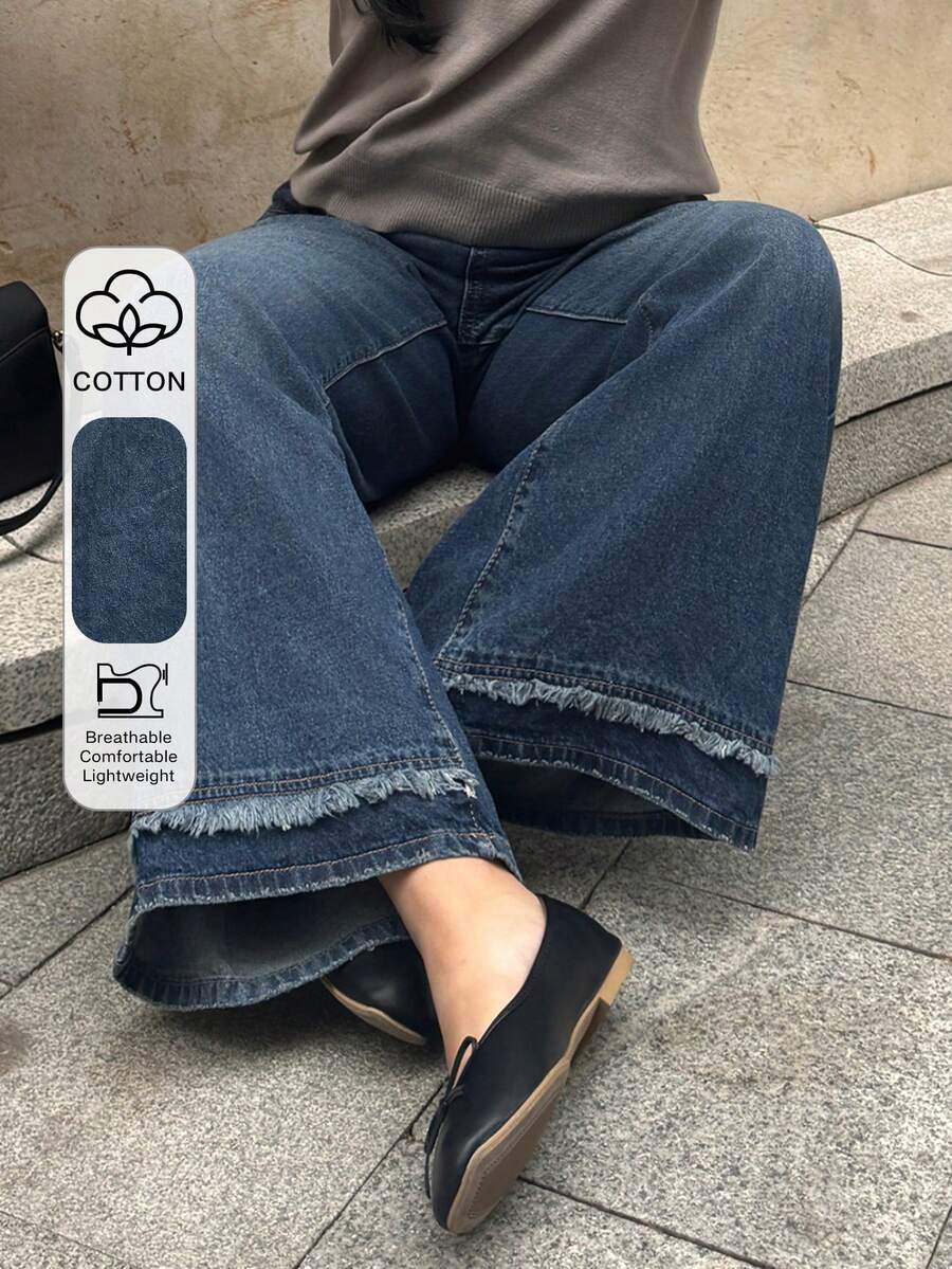 Dazy Plus 大码女式深蓝色水洗做旧直筒牛仔裤，裤脚毛边设计 - 深色水洗藍 - 查看 1