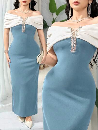 Feyla Đầm dự tiệc thanh lịch dành cho nữ, phối màu, hở vai, đính đá lấp lánh.