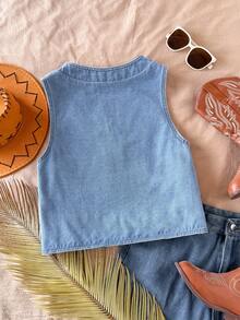 Soleia Women's Floral Embroidered Sleeveless Denim Blouse - Medium Wash - View 2