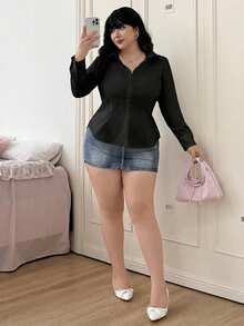 CovetEZ 加大码白色绷带纽扣衬衫，春夏款 - 黑色 - 查看 5