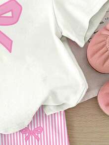 2pcs/Set Baby Girl Cute Pink And White Bow Decor Striped Round Neck T-Shirt And Shorts,Summer Family Matching Outfit,Casual Soft Clothes For Travel - 彩色 - 查看 5