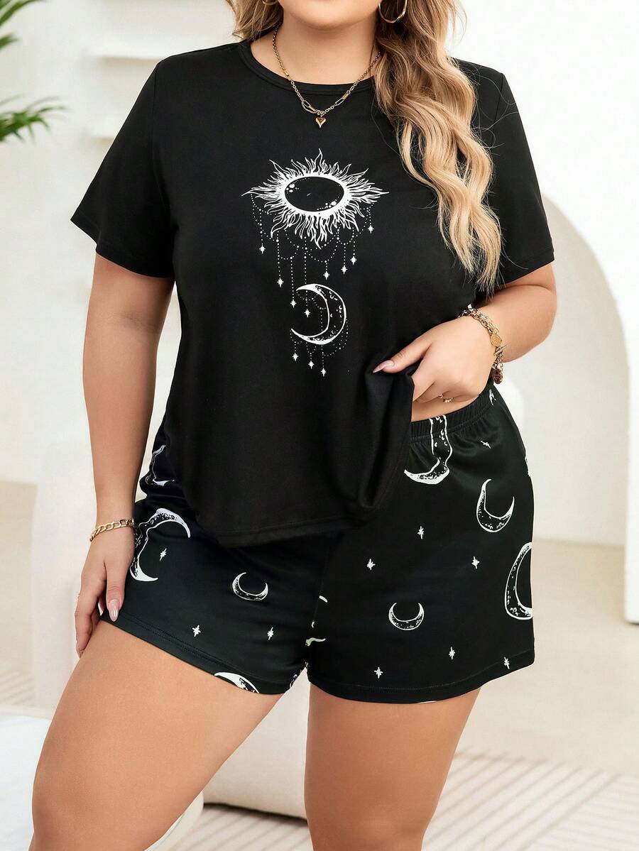 Women's Plus Size Sun And Moon Print Short Sleeve Top And Shorts Pajama Set, Outfits - Black - View 1