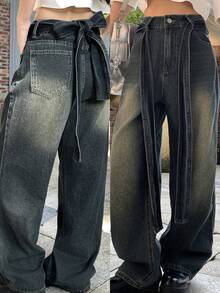 FRIFUL 女士高腰带口袋阔腿宽松休闲百搭牛仔裤 - 藍色 - 查看 1