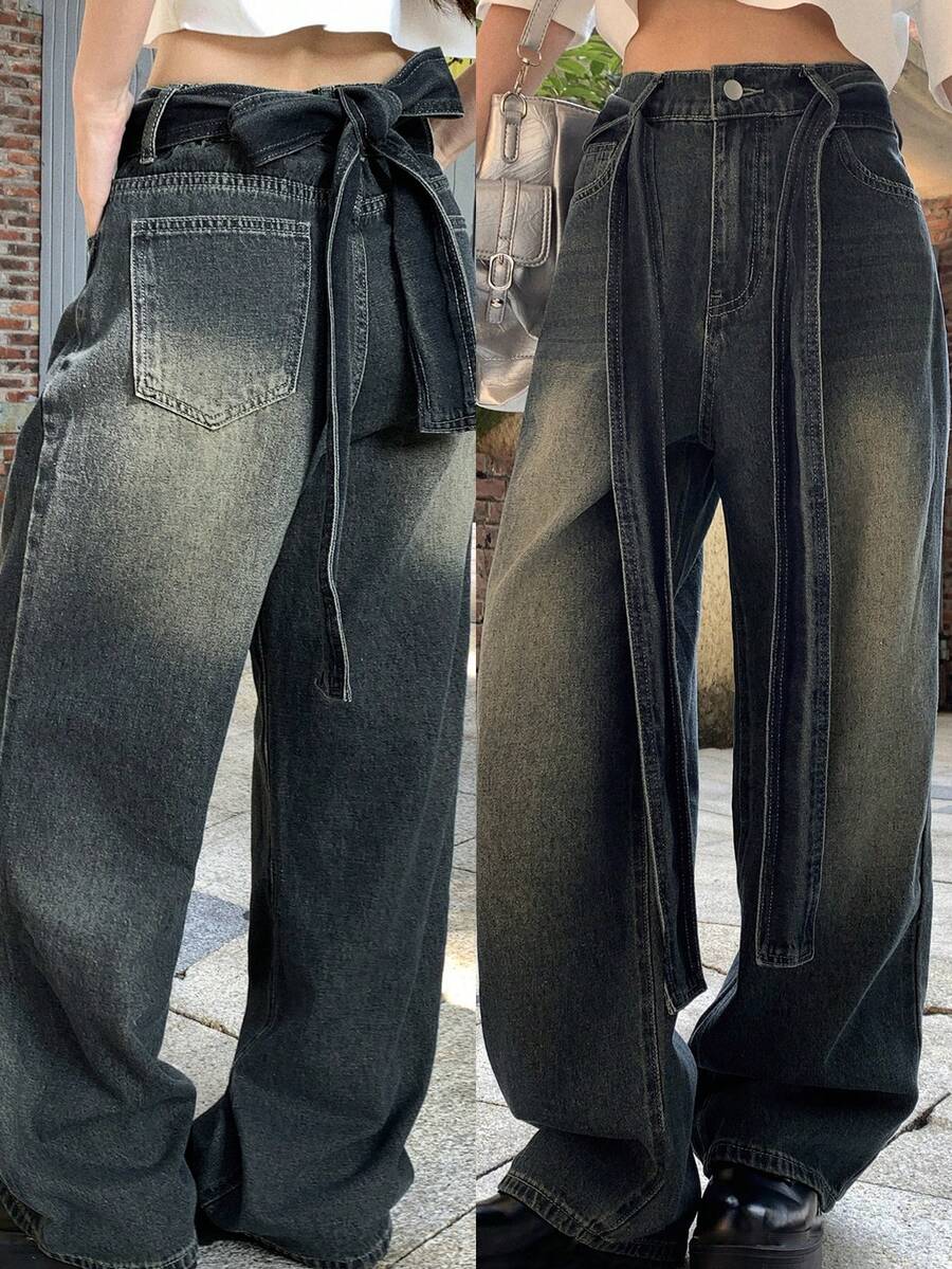 FRIFUL 女士高腰带口袋阔腿宽松休闲百搭牛仔裤 - 藍色 - 查看 1