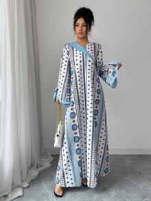 Women's Floral Geometric Print Bow Cuff Loose Arabic Style Dress - Multicolor - View 5