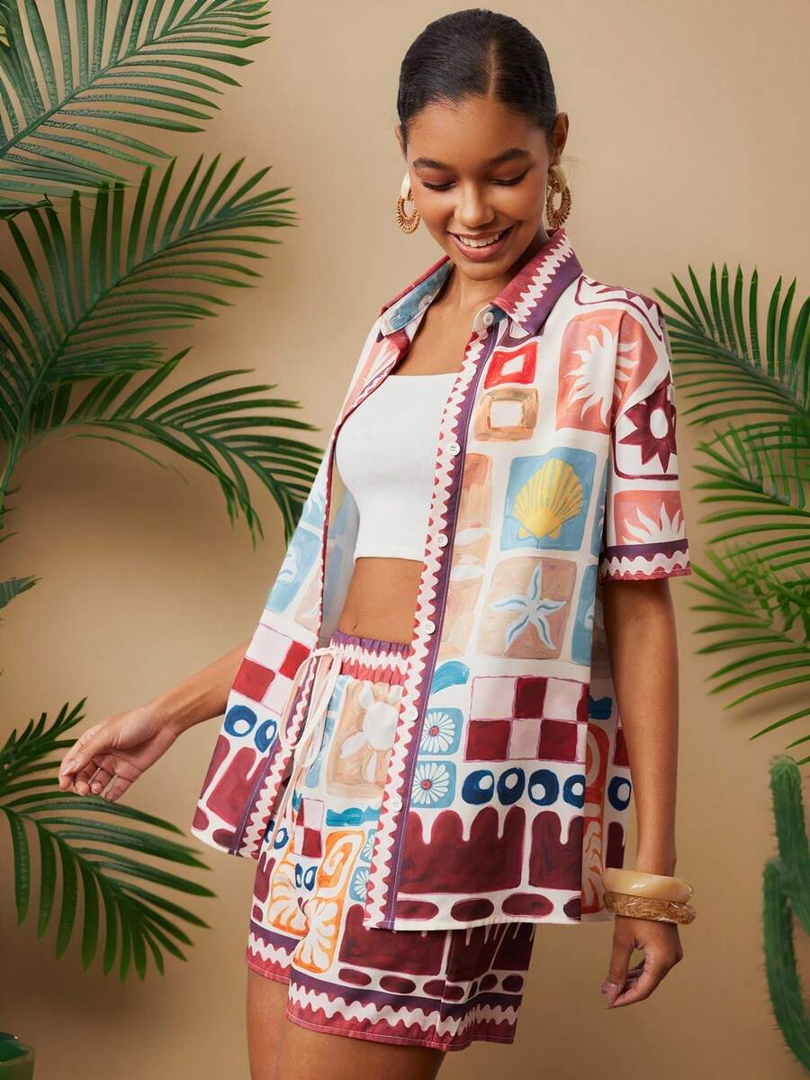 Travachic Tropical Print Button Front Short Sleeve Shirt & Shorts 2 Pieces Set,Beige Summer Boho Vacation Holiday,Spring Break Outfits,Beach Wedding Guest Dress - Multicolor - View 1