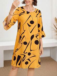 Miaspire Abito corto a tunica da donna con scollo tondo, maniche a tre quarti a balze e volant, stampa all-over, casual, giallo, orlo dritto - Giallo - Visualizzare 6