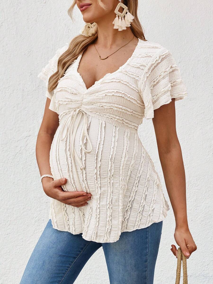 SHEIN 孕妇纯色荷叶边前系带短袖休闲T恤 - 米色 - 查看 1