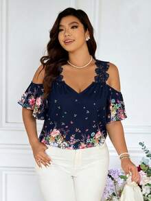 SHEIN Frenchy Plus Size Floral Print Applique Casual Short Sleeve Shirt, Going Out Tops - Navy Blue - View 2