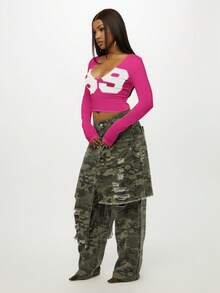 SUMWON WOMEN Number Print Crop Top Long Sleeve V Neck Fitted Casual Fashion Spring Summer Festival - Hot Pink - View 5