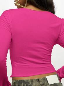 SUMWON WOMEN Number Print Crop Top Long Sleeve V Neck Fitted Casual Fashion Spring Summer Festival - Hot Pink - View 7