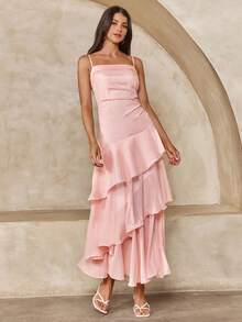 Enchnt Đầm hai dây viền bèo nhún, đầm dự tiệc/đầm dạ hội cao cấp dành cho người lớn. - Hồng - Xem 5